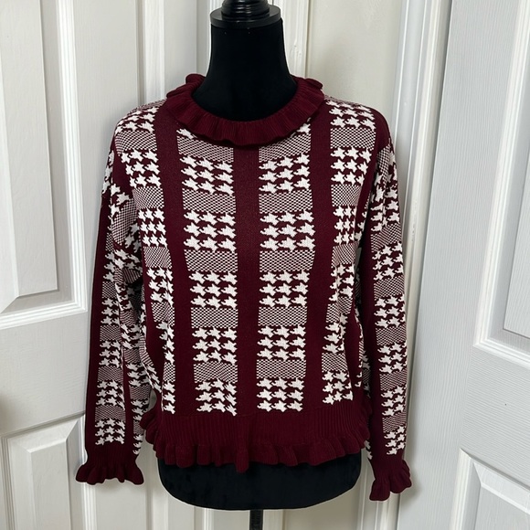 Shein Houndstooth Ruffle Lightweight Sweater - Picture 2 of 7